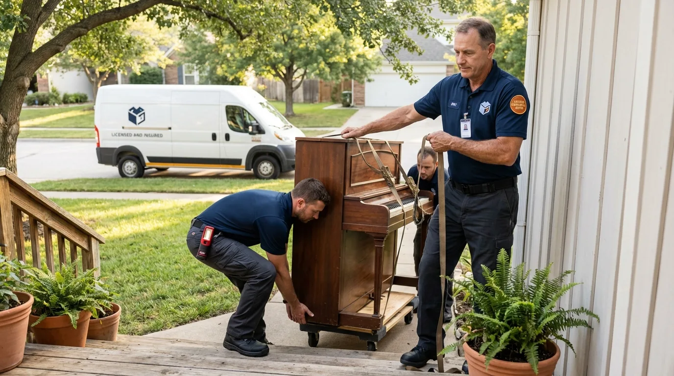 Licensed piano movers securing grand piano in West Union, OH