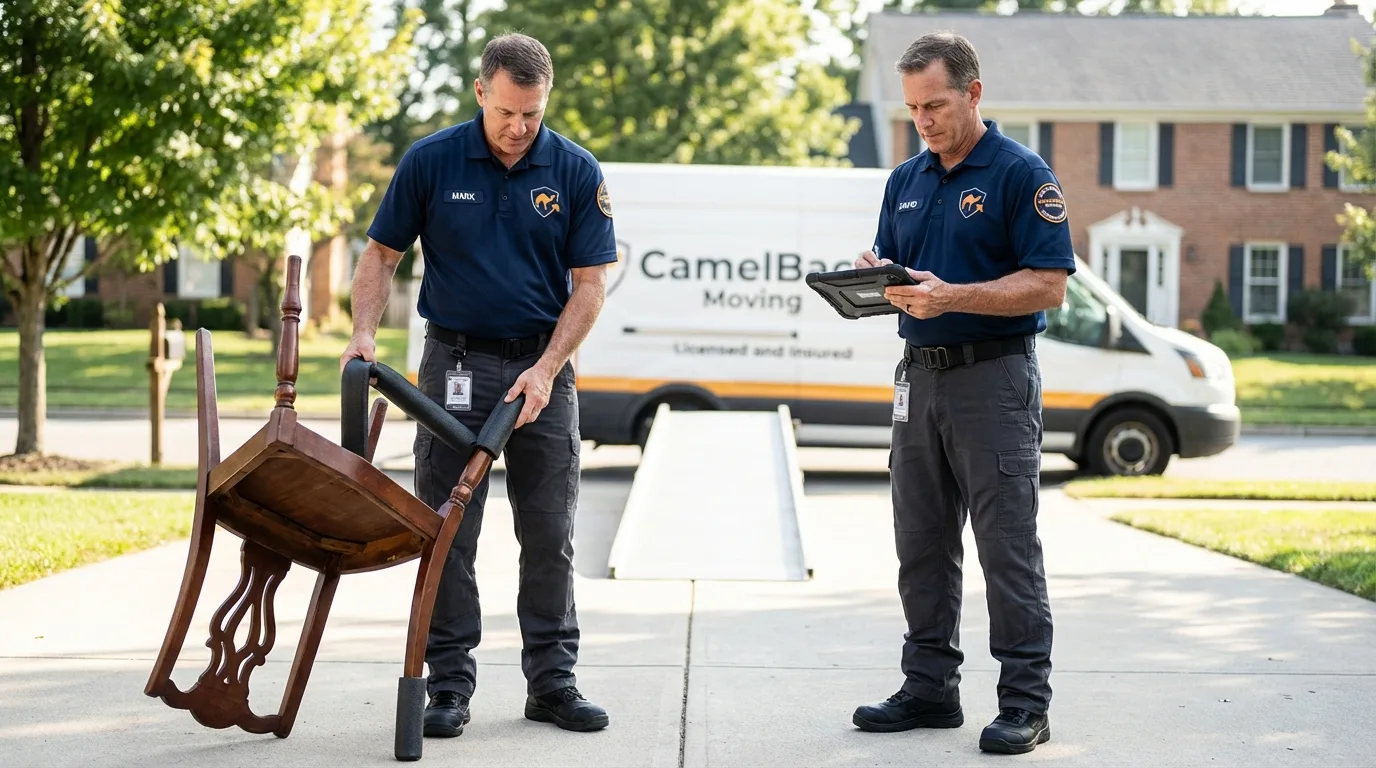 Movers inspecting furniture for damage prevention before loading in West Union, OH