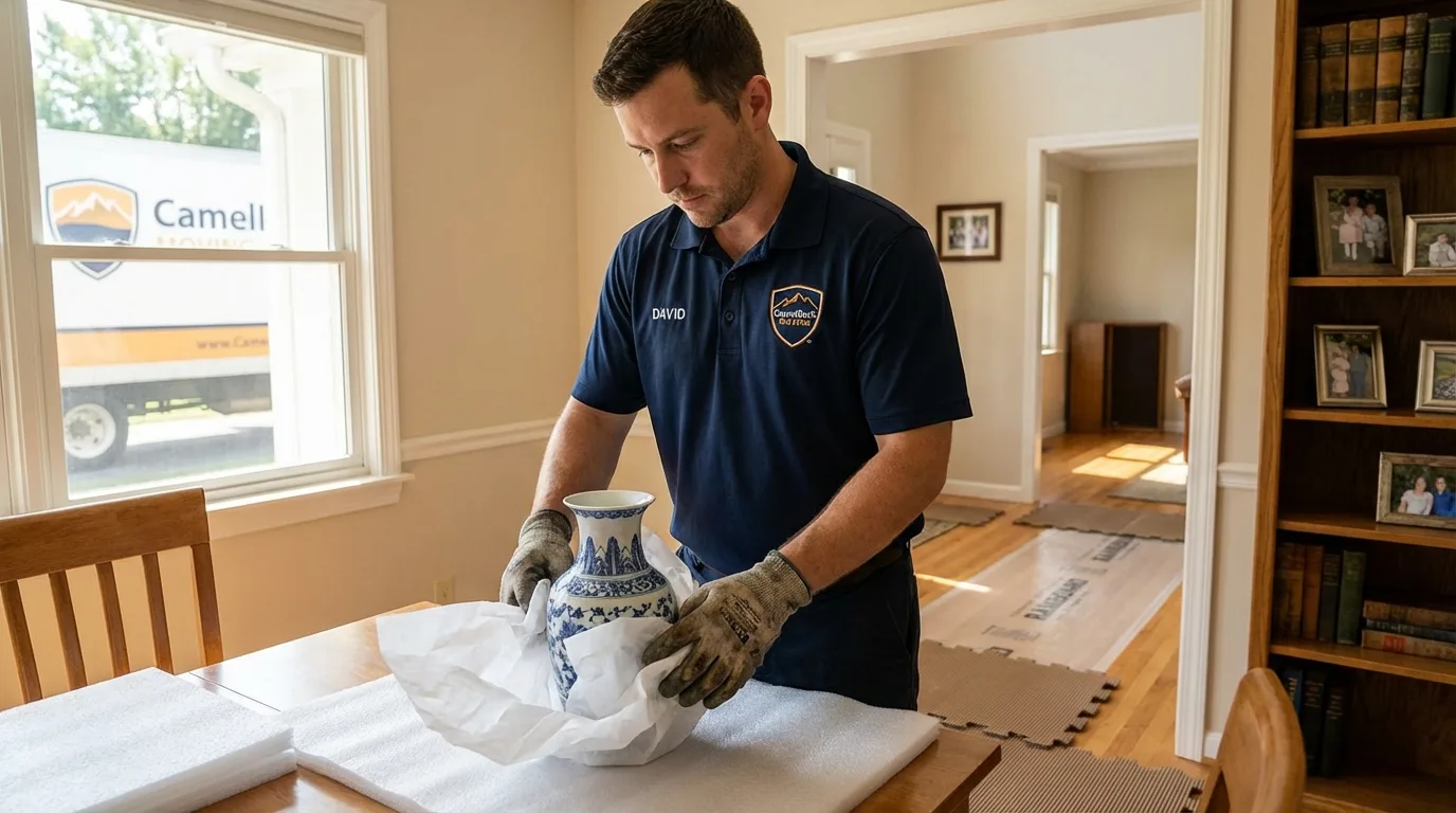 Professional crew carefully wrapping antique vase for senior downsizing move in West Union, OH